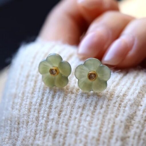 Natural jade Stud Earrings /Sterling 925 Silver 18K Gold-Plated green gray floral Studs/Customize gift box/anniversary gift/flower-shaped - Image 2