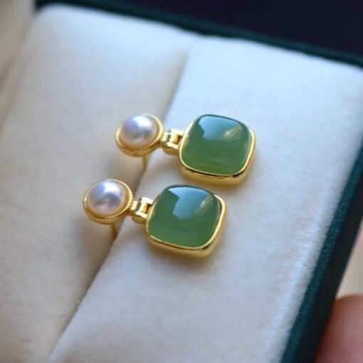 Natural green jade dangle Earrings/Sterling 925Silver 18K Gold-Plated cushion jade drops/Customize gift box/anniversary retro jade earrings - Image 2