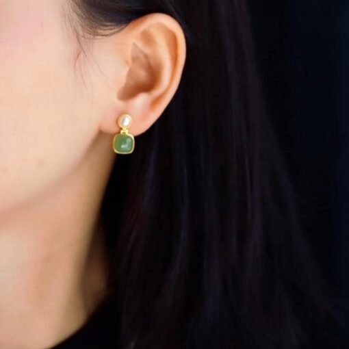 Natural green jade dangle Earrings/Sterling 925Silver 18K Gold-Plated cushion jade drops/Customize gift box/anniversary retro jade earrings - Image 3