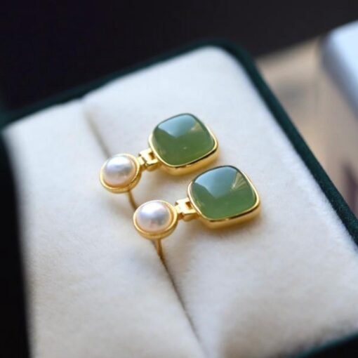 Natural green jade dangle Earrings/Sterling 925Silver 18K Gold-Plated cushion jade drops/Customize gift box/anniversary retro jade earrings - Image 4