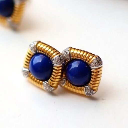Natural Lapis lazuli Stud Earrings /Sterling 925-Silver Gold-Plated round Lapis lazuli Studs/Customize gift box/anniversary gift/retro court - Image 4