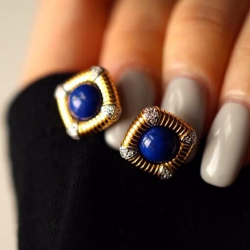 Natural Lapis lazuli Stud Earrings /Sterling 925-Silver Gold-Plated round Lapis lazuli Studs/Customize gift box/anniversary gift/retro court - Image 5