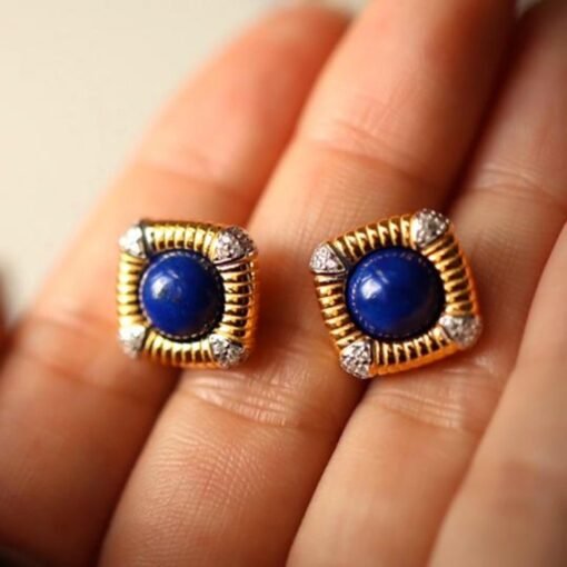Natural Lapis lazuli Stud Earrings /Sterling 925-Silver Gold-Plated round Lapis lazuli Studs/Customize gift box/anniversary gift/retro court - Image 2