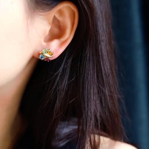 Natural rainbow tourmaline Stud Earrings/Sterling 925Silver 18K Gold-Plated tourmaline Studs/Customize gift box/October birthstone gift - Image 3