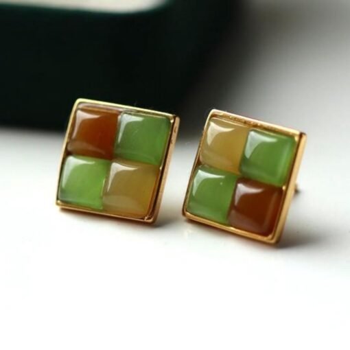 Natural rainbow jade Stud Earrings /Sterling 925 Silver 18K Gold-Plated nephrite Studs/Customize gift box/unique anniversary gift for her - Image 2