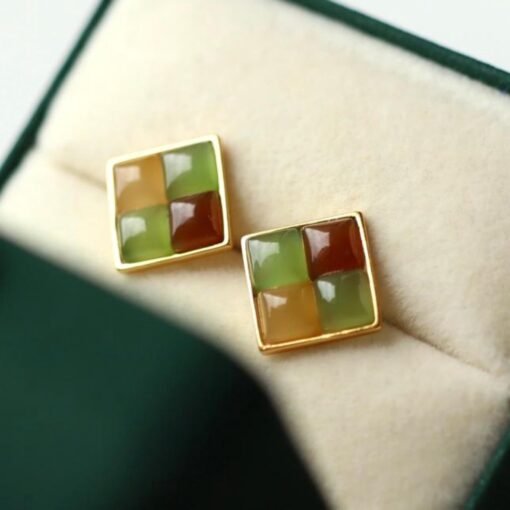 Natural rainbow jade Stud Earrings /Sterling 925 Silver 18K Gold-Plated nephrite Studs/Customize gift box/unique anniversary gift for her - Image 5