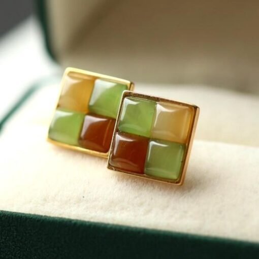 Natural rainbow jade Stud Earrings /Sterling 925 Silver 18K Gold-Plated nephrite Studs/Customize gift box/unique anniversary gift for her - Image 4