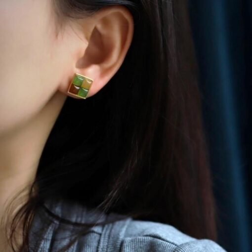 Natural rainbow jade Stud Earrings /Sterling 925 Silver 18K Gold-Plated nephrite Studs/Customize gift box/unique anniversary gift for her - Image 3