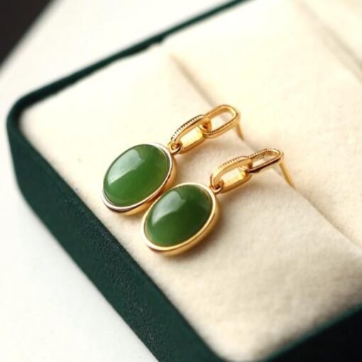 Genuine green jade dangle Earrings/Sterling 925-Silver 18KGold-Plated green oval jade drops/Customize gift box/anniversary gift/unique gift - Image 3