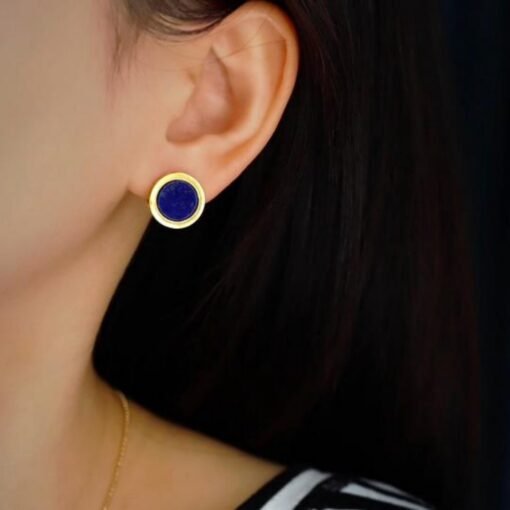 Natural Lapis lazuli Stud Earrings /Sterling 925-Silver Gold-Plated round Lapis lazuli Studs/Customize gift box/anniversary gift/minimalist - Image 2