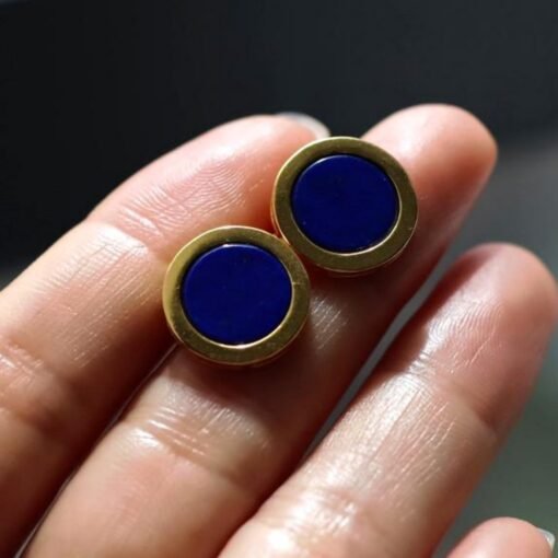 Natural Lapis lazuli Stud Earrings /Sterling 925-Silver Gold-Plated round Lapis lazuli Studs/Customize gift box/anniversary gift/minimalist - Image 4