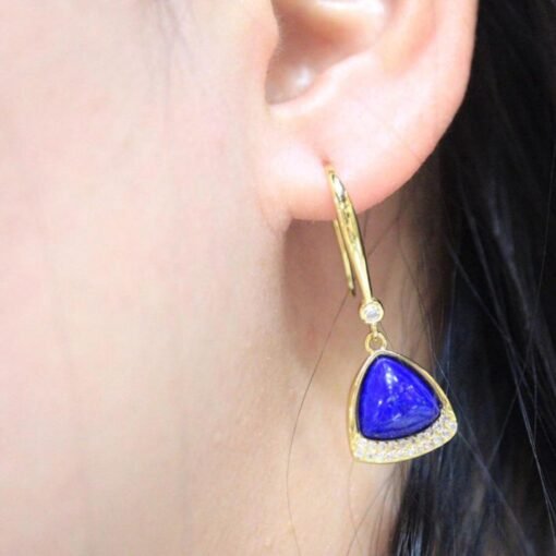 Natural Lapis lazuli dangle Earrings/Sterling 925-Silver Gold-Plated Triangle Lapis lazuli drops/Customize gift box/anniversary gift for her - Image 2