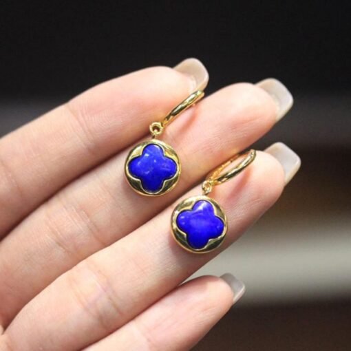 Natural Lapis lazuli dangle Earrings/Sterling 925-Silver Gold-Plated Four-leaf clover Lapis lazuli drops/Customize gift box/anniversary gift - Image 3