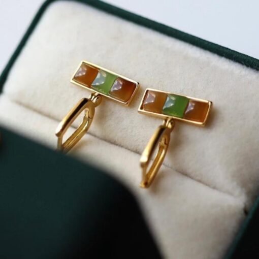 Natural rainbow jade dangle Earrings /Sterling 925 Silver 18K Gold-Plated nephrite drops/Customize gift box/unique anniversary gift for her - Image 4