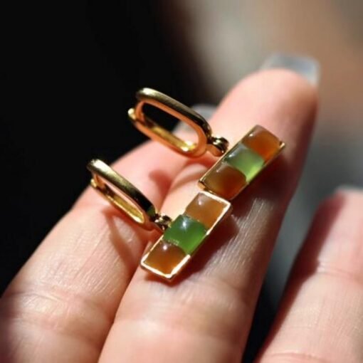 Natural rainbow jade dangle Earrings /Sterling 925 Silver 18K Gold-Plated nephrite drops/Customize gift box/unique anniversary gift for her - Image 5