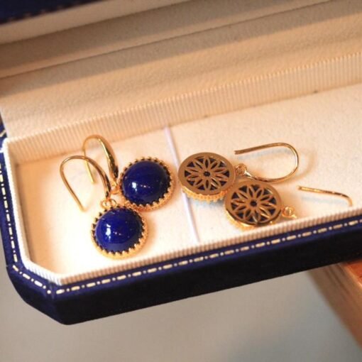 Natural Lapis lazuli dangle Earrings/Sterling 925-Silver Gold-Plated round Lapis lazuli retro drops/Customize gift box/anniversary gift - Image 4