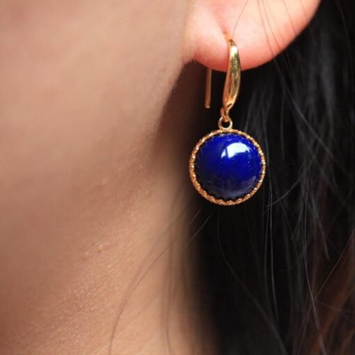 Natural Lapis lazuli dangle Earrings/Sterling 925-Silver Gold-Plated round Lapis lazuli retro drops/Customize gift box/anniversary gift - Image 2