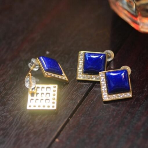 Natural Lapis lazuli Stud Earrings /Sterling 925-Silver Gold-Plated cushion Lapis lazuli Studs/Customize gift box/anniversary gift/dainty - Image 4