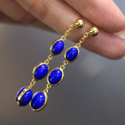 Natural Lapis lazuli dangle Earrings/Sterling 925-Silver Gold-Plated oval Lapis lazuli retro drops/Customize gift box/anniversary gift - Image 5