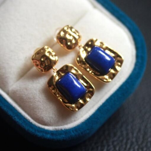 Natural Lapis lazuli dangle Earrings/Sterling 925-Silver Gold-Plated cushion Lapis lazuli drops/Customize gift box/anniversary gift for her - Image 5