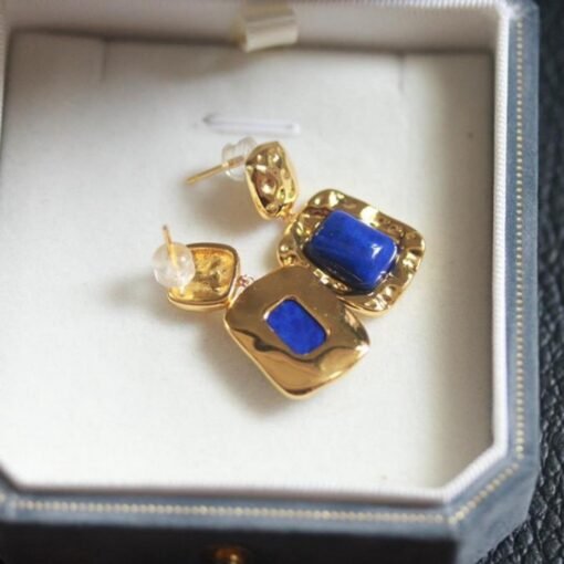 Natural Lapis lazuli dangle Earrings/Sterling 925-Silver Gold-Plated cushion Lapis lazuli drops/Customize gift box/anniversary gift for her - Image 4