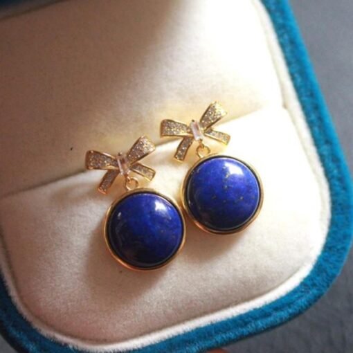 Natural Lapis lazuli dangle Earrings/Sterling 925-Silver Gold-Plated round Lapis lazuli drops/Customize gift box/anniversary gift for her - Image 4