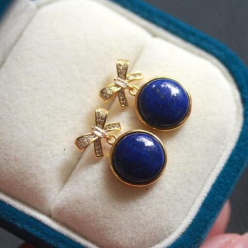Natural Lapis lazuli dangle Earrings/Sterling 925-Silver Gold-Plated round Lapis lazuli drops/Customize gift box/anniversary gift for her - Image 3