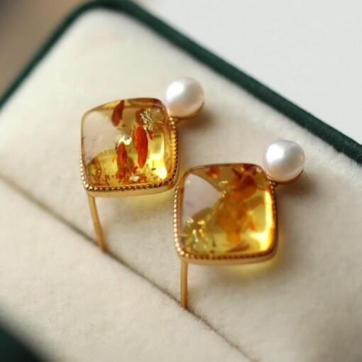 Natural Floral amber Stud Earrings /Sterling 925 Silver 18K Gold-Plated Floral amber Studs with pearl/Customize gift box/anniversary gift - Image 2