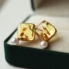 Natural Floral amber Stud Earrings /Sterling 925 Silver 18K Gold-Plated Floral amber Studs with pearl/Customize gift box/anniversary gift