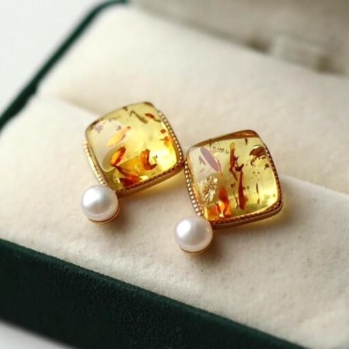 Natural Floral amber Stud Earrings /Sterling 925 Silver 18K Gold-Plated Floral amber Studs with pearl/Customize gift box/anniversary gift - Image 4