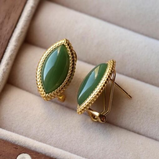Natural green jade Stud Earrings /Sterling 925-Silver 18KGold-Plated green marquise Nephrite Studs/Customize gift box/anniversary gift - Image 4