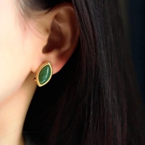 Natural green jade Stud Earrings /Sterling 925-Silver 18KGold-Plated green marquise Nephrite Studs/Customize gift box/anniversary gift - Image 2