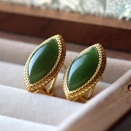 Natural green jade Stud Earrings /Sterling 925-Silver 18KGold-Plated green marquise Nephrite Studs/Customize gift box/anniversary gift - Image 3