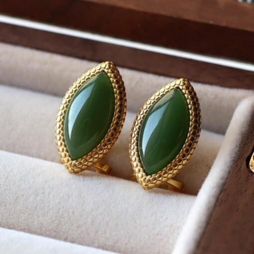Natural green jade Stud Earrings /Sterling 925-Silver 18KGold-Plated green marquise Nephrite Studs/Customize gift box/anniversary gift - Image 5
