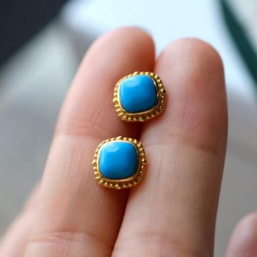 Genuine Turquoise stud Earrings /Sterling 925Silver 18KGold-Plated Turquoise studs/Customize gift box/December birthstone gift/ins studs - Image 4