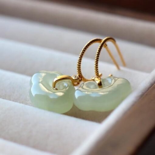 Natural Nephrite dangle Earrings /Sterling 925 Silver 18KGold-Plated Nephrite drop & dangle earrings/Customize gift box/anniversary gift - Image 3