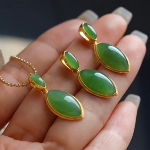 Natural green jade pendant/Sterling 925Silver 18KGold-Plated marquise jade pendant/Customize gift box/anniversary retro raw jade pendant - Image 5