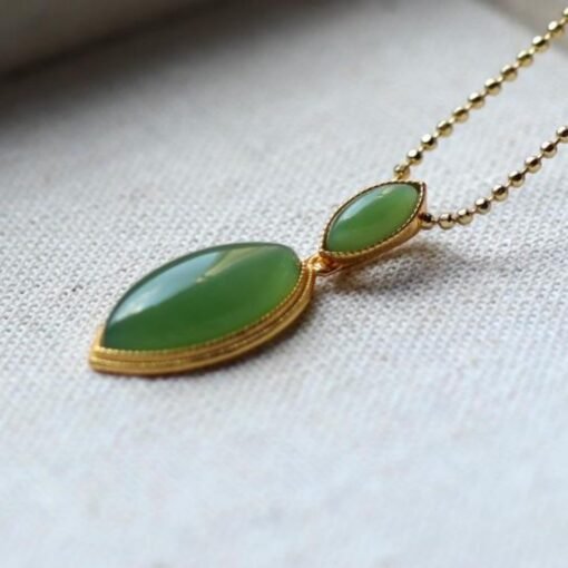 Natural green jade pendant/Sterling 925Silver 18KGold-Plated marquise jade pendant/Customize gift box/anniversary retro raw jade pendant - Image 4