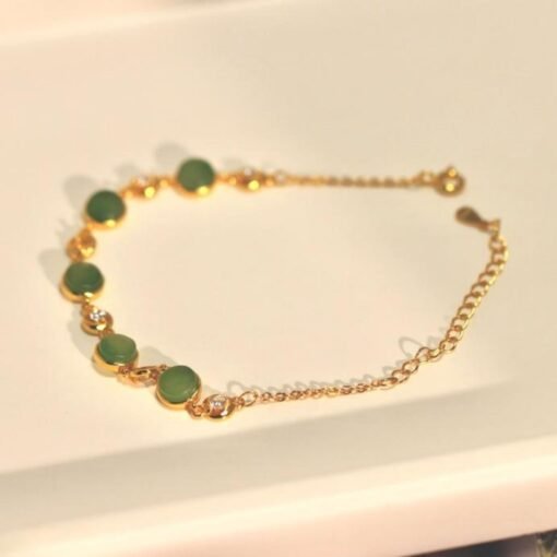 Natural green jade bracelet/Sterling 925Silver 18KGold-Plated round jade  bracelet/Customize gift box/anniversary retro raw jade bracelet - Image 3
