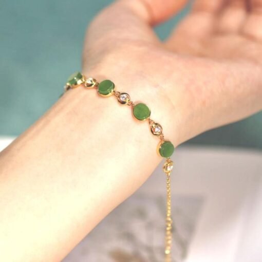 Natural green jade bracelet/Sterling 925Silver 18KGold-Plated round jade  bracelet/Customize gift box/anniversary retro raw jade bracelet - Image 2