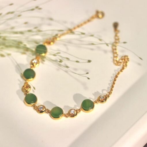 Natural green jade bracelet/Sterling 925Silver 18KGold-Plated round jade  bracelet/Customize gift box/anniversary retro raw jade bracelet - Image 4