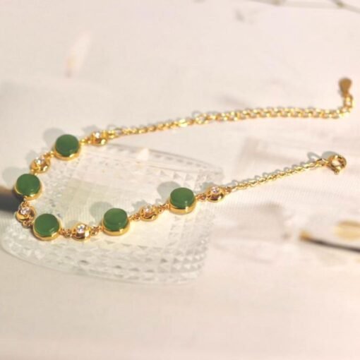 Natural green jade bracelet/Sterling 925Silver 18KGold-Plated round jade  bracelet/Customize gift box/anniversary retro raw jade bracelet - Image 5