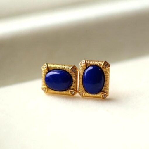 Natural Lapis lazuli Stud Earrings /Sterling 925-Silver Gold-Plated oval Lapis lazuli Studs/Customize gift box/anniversary gift/retro court - Image 5