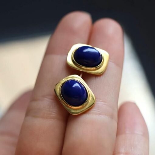 Natural Lapis lazuli Stud Earrings /Sterling 925-Silver Gold-Plated oval Lapis lazuli Studs/Customize gift box/anniversary gift/minimalist - Image 5