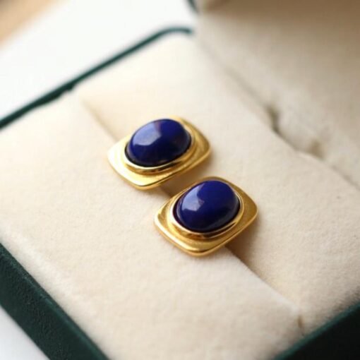 Natural Lapis lazuli Stud Earrings /Sterling 925-Silver Gold-Plated oval Lapis lazuli Studs/Customize gift box/anniversary gift/minimalist - Image 4