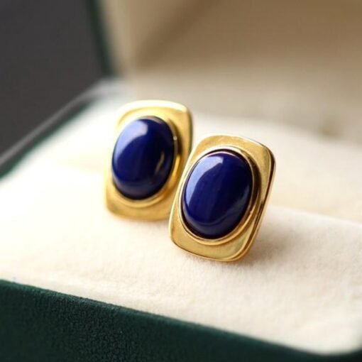 Natural Lapis lazuli Stud Earrings /Sterling 925-Silver Gold-Plated oval Lapis lazuli Studs/Customize gift box/anniversary gift/minimalist - Image 3