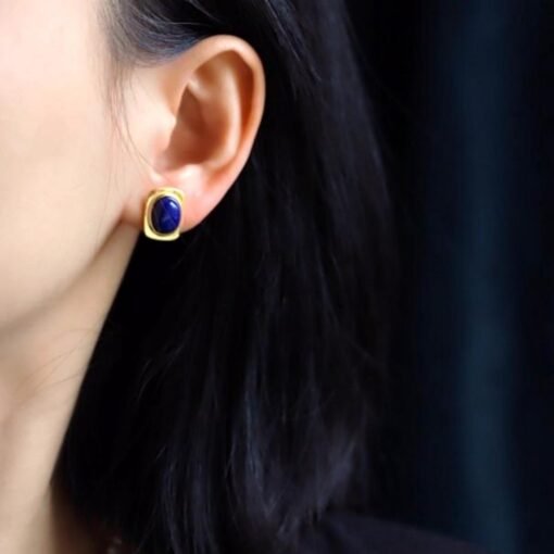 Natural Lapis lazuli Stud Earrings /Sterling 925-Silver Gold-Plated oval Lapis lazuli Studs/Customize gift box/anniversary gift/minimalist - Image 2