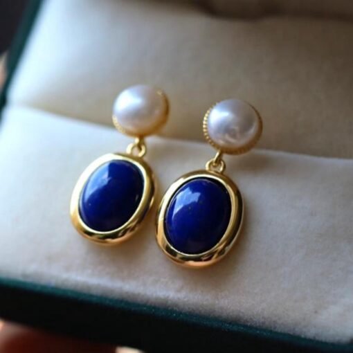 Natural Lapis lazuli dangle Earrings/Sterling 925 Silver 18k Gold-Plated Lapis lazuli drops with pearl/Customize gift box/anniversary gift - Image 5