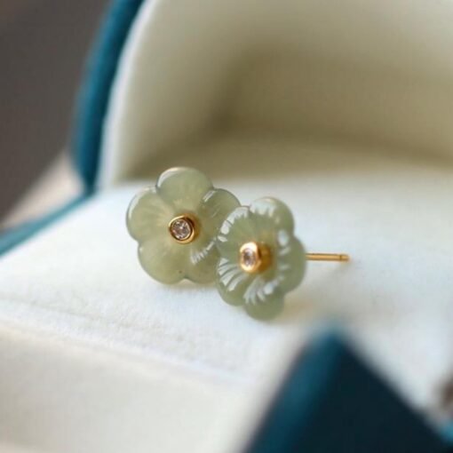 Natural jade Stud Earrings /Sterling 925 Silver 18K Gold-Plated green gray floral Studs/Customize gift box/anniversary gift/flower-shaped - Image 4
