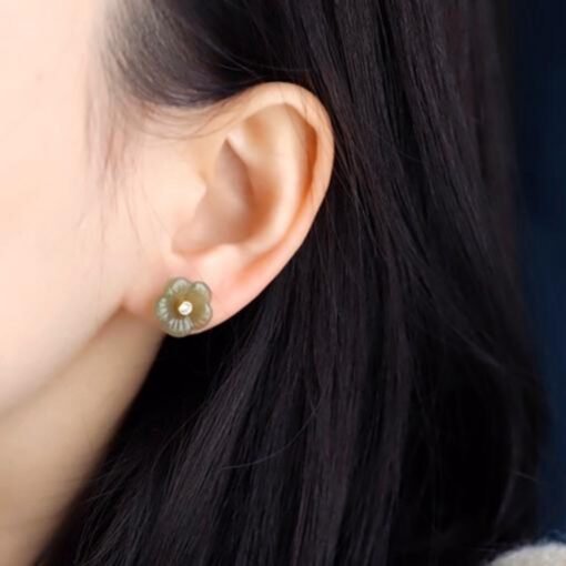 Natural jade Stud Earrings /Sterling 925 Silver 18K Gold-Plated green gray floral Studs/Customize gift box/anniversary gift/flower-shaped - Image 3